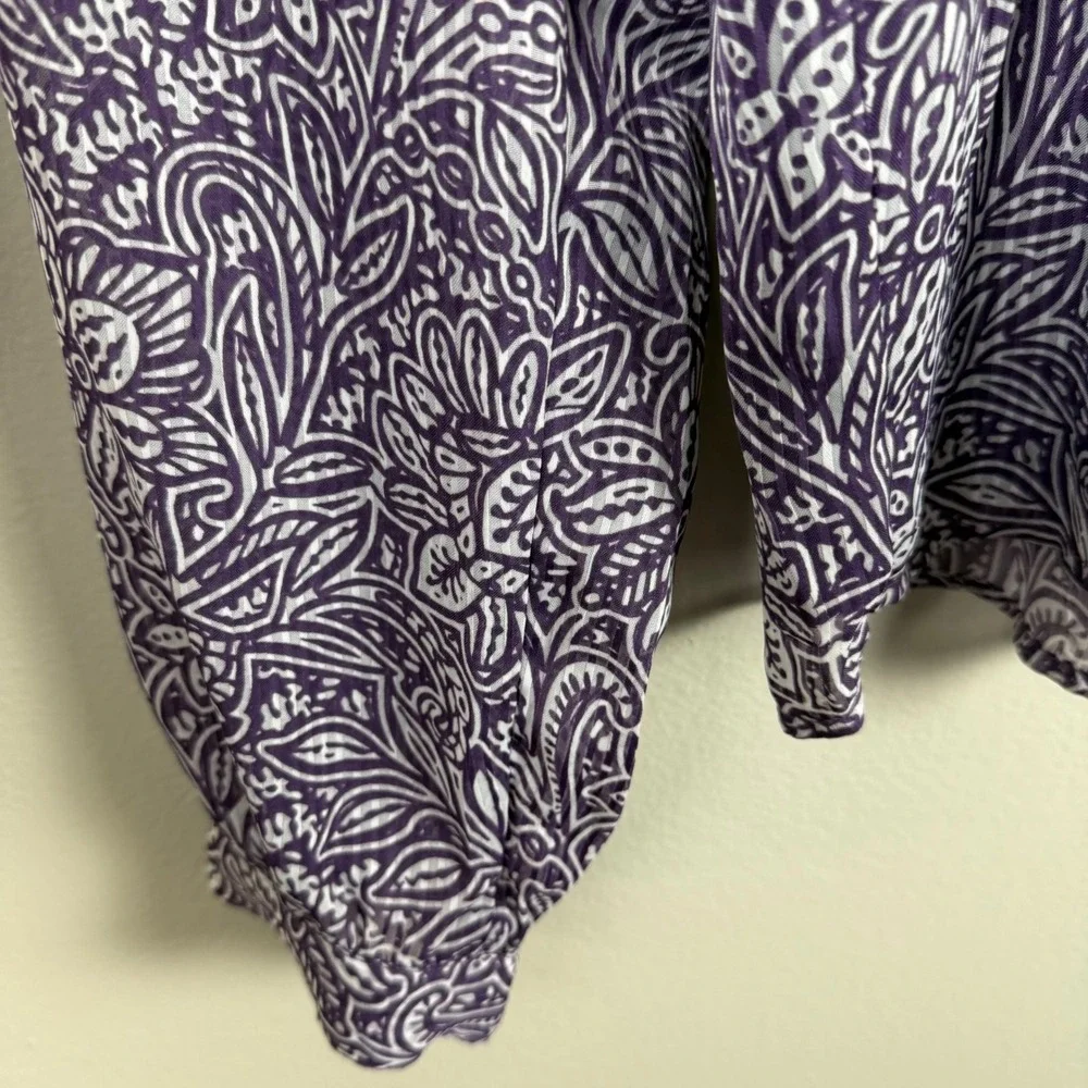 LOFT Women's L Blouse Purple Paisley Floral Puff Sleeve V-Neck Office Formal NEW